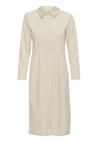 Robe en velours côtelé beige avec col pointu, manches longues et fermeture éclair à l'avant. Présente une texture côtelée verticale et une coupe au niveau du genou.