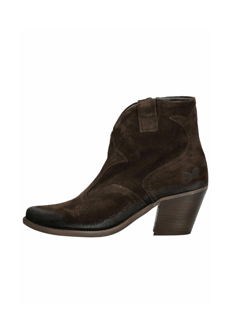 Brown suede ankle boot with a pointed toe, curved stitching detail, and a medium wooden heel. Features a pull tab for easy wear.