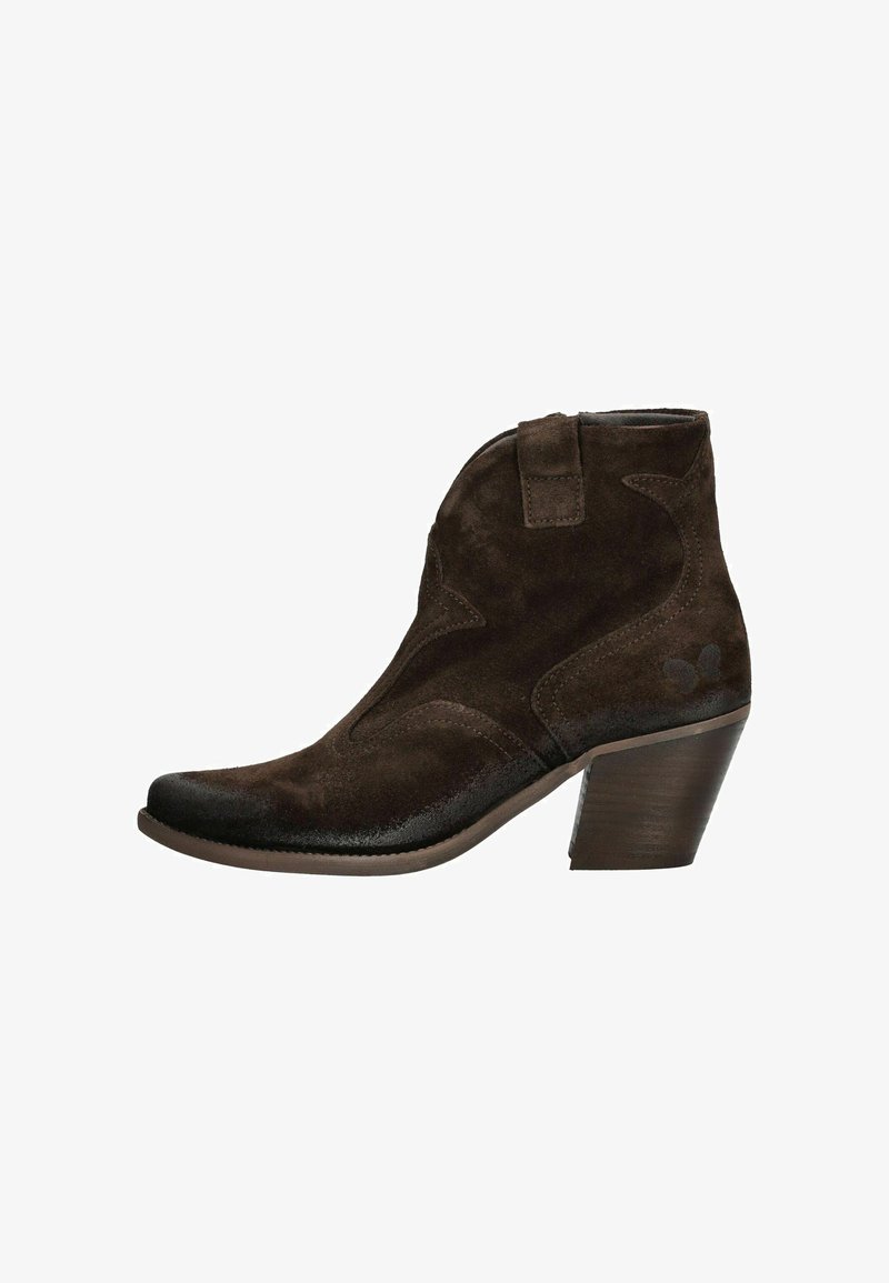 Brown suede ankle boot with a pointed toe, curved stitching detail, and a medium wooden heel. Features a pull tab for easy wear.