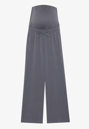 Harmaat äitiysvaatteet, joissa on leveä lahje, joustava vyötärö ja säädettävä nauha. Valmistettu pehmeästä, venyvästä kankaasta mukavuutta varten.