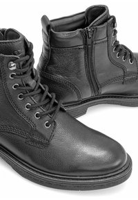 Czarne skórzane botki za kostkę z sznurowanym przodem i bocznym zamkiem błyskawicznym. Teksturowany materiał z gładkim noskiem i solidną podeszwą.