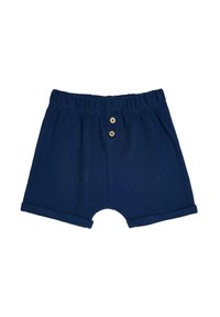Mørkeblå strikkede shorts med elastisk talje, to træknapper foran og oprullede kanter ved benene.