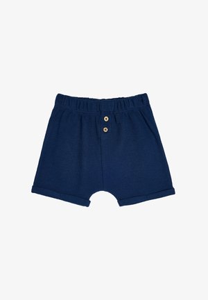 Pantalones cortos de punto azul marino con cintura elástica, dos botones de madera en la parte frontal y dobladillo enrollado en las piernas.