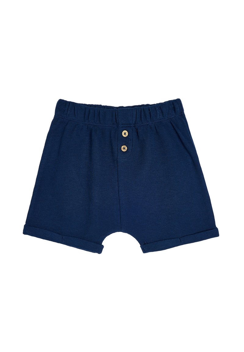 Mørkeblå strikkede shorts med elastisk talje, to træknapper foran og oprullede kanter ved benene.