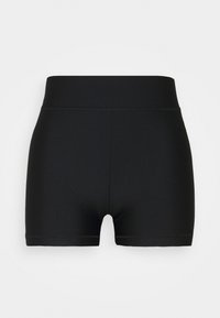 Czarne szorty sportowe z szerokim pasem, wykonane z gładkiego elastycznego materiału. Charakteryzują się minimalistycznym stylem, bez widocznych wzorów czy akcentów.