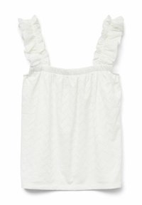 Wit katoenen tanktop met gerimpelde schouderbanden, elastische smocking bij de halslijn en een gemêleerd zigzagpatroon door de stof.