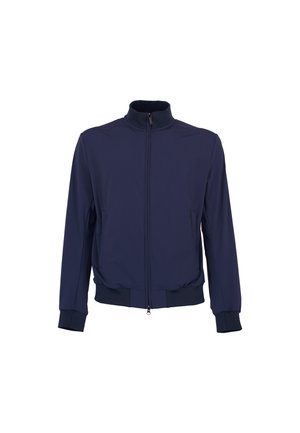 Lichtgewicht marineblauwe jas met staande kraag, ritssluiting aan de voorkant, geribbelde manchetten en zoom, ontworpen voor dagelijks gebruik.