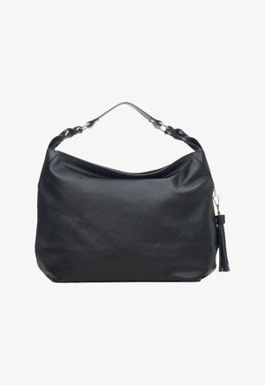 Czarna skórzana torebka o luźnym kształcie, pleciony pasek na ramię, złote akcenty hardware'owe oraz odpinany detail z frędzlami.