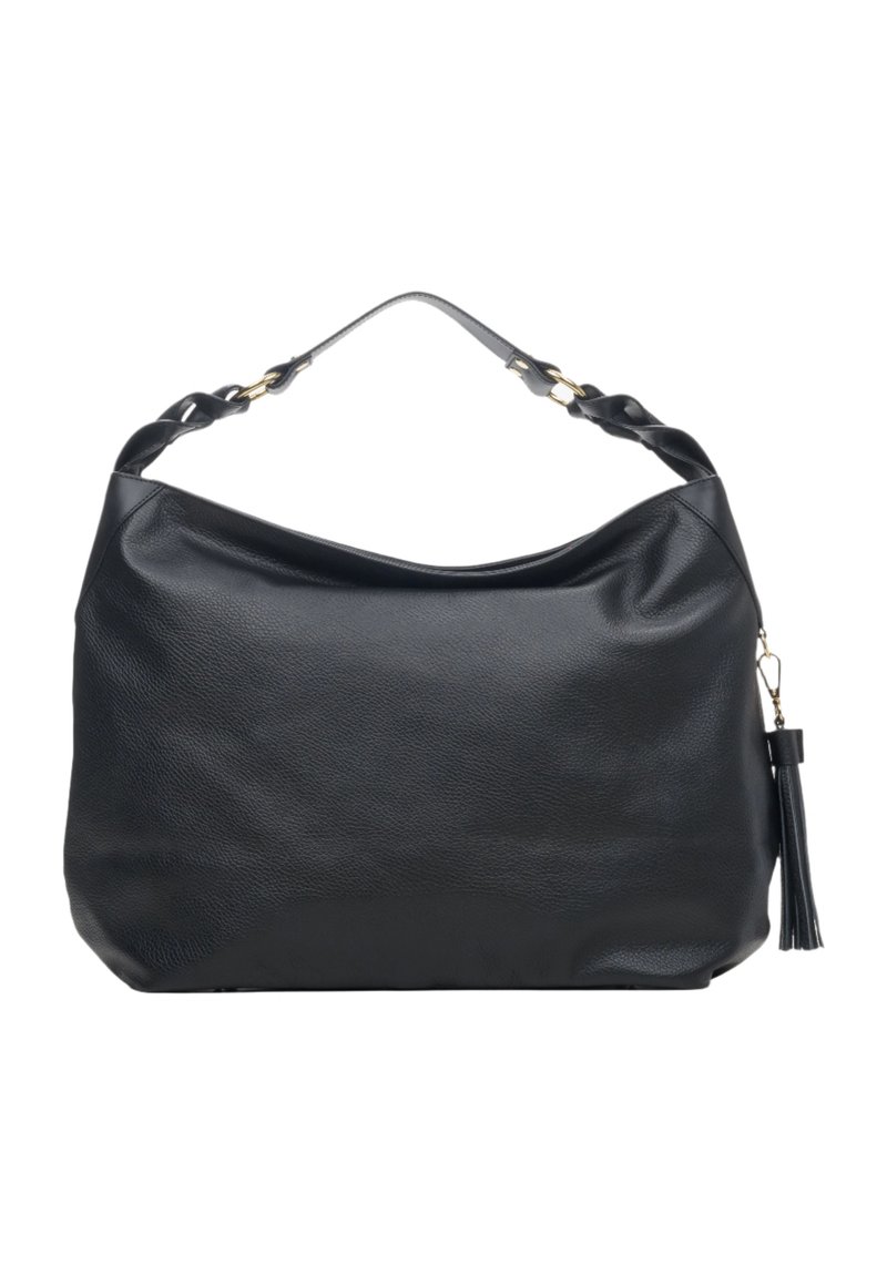 Czarna skórzana torebka o luźnym kształcie, pleciony pasek na ramię, złote akcenty hardware'owe oraz odpinany detail z frędzlami.