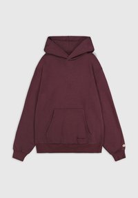 Sudadera marrón con capucha, confeccionada en tela suave, con un bolsillo frontal, puños acanalados y capucha con cordón. Logo impreso en el dobladillo inferior.