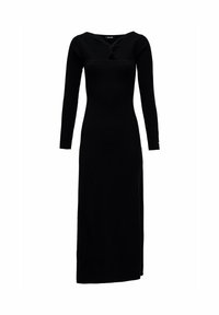 Schwarzes langärmliges Kleid, taillierte Passform mit einer Drehung am Ausschnitt, aus einem gerippten Stoff gefertigt, knöchellang.