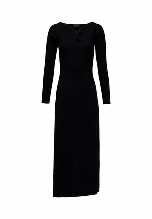 Zwarte jurk met lange mouwen, strak ontwerp met een draai-detail bij de halslijn, gemaakt van een ribbeltextuur stof, enkel-lang.