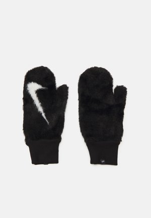 Črne krznena rokavice z mehkobo, ki imajo bel Nike logotip in črne rebraste manšete.