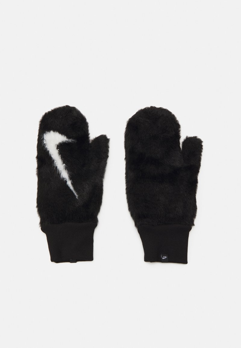 Sorte pelsvotter med en blød struktur, prydet med et hvidt Nike-logo og sorte ribbede manchetter.