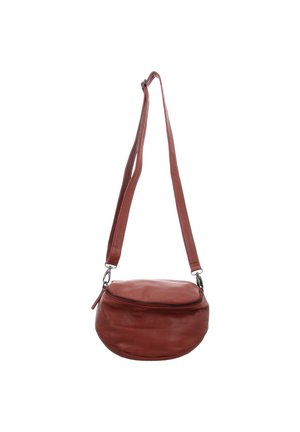 Braune Leder-Umhängetasche mit verstellbarem Riemen und oberem Reißverschluss, vor weißem Hintergrund dargestellt.