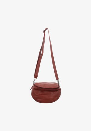 Brown leather crossbody bag with adjustable strap and top zipper closure, displayed against a white background.