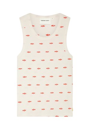 Witte mouwloze top met kleine rode vispatronen gelijkmatig verspreid over de stof, met een ronde halslijn en een Fabienne Chapot-label.