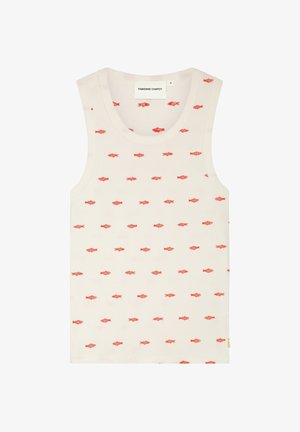 Witte mouwloze top met kleine rode vispatronen gelijkmatig verspreid over de stof, met een ronde halslijn en een Fabienne Chapot-label.