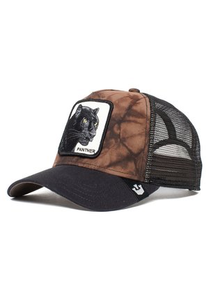 Gorra marrón y negra con parte trasera de malla, que presenta un pantera negra bordada en un parche blanco. Textura desgastada y correa ajustable.