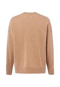 Beige Oversized-Pullover mit rundem Halsausschnitt, überschnittenen Schultern sowie gerippten Bündchen und Saum. Hergestellt aus weichem, strukturiertem Stoff.