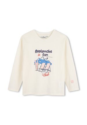 Crèmekleurig shirt met lange mouwen met illustratie van bergen, ski's, ligstoelen en tekst "Avalanche de fun club" op de voorkant.