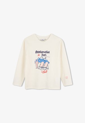 Kremowa koszula z długim rękawem z ilustracją gór, nart, leżaków oraz tekstem "Avalanche de fun club" z przodu.
