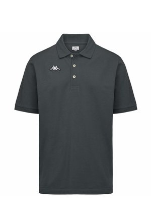 Polo a maniche corte grigio carbone con tre bottoni e logo ricamato bianco raffigurante due figure sedute sul petto a sinistra.