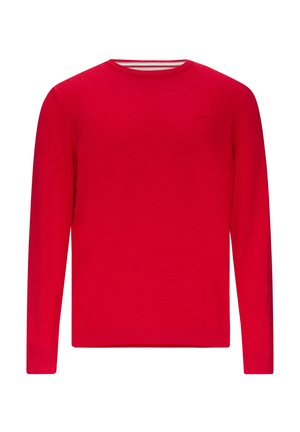 Rode trui met lange mouwen van zacht breiwerk, met een ronde hals en een klein logo op de borst. Gestructureerde afwerking met geribbelde manchetten.