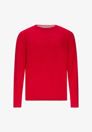 Rode trui met lange mouwen van zacht breiwerk, met een ronde hals en een klein logo op de borst. Gestructureerde afwerking met geribbelde manchetten.