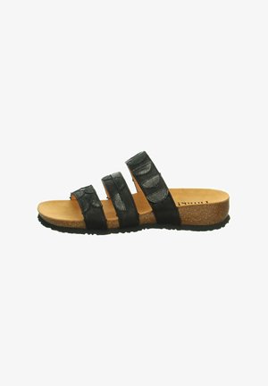 Black leather slide sandal with three wide straps, textured upper, cork midsole, and rubber outsole. Simple design with slip-on style.