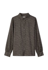 Blouse met lange mouwen in donkerbruine stof met een bloemenpatroon. Voorzien van een puntige kraag, knoopsluiting aan de voorkant en geplooide mouwen bij de manchetten.