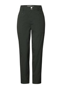 Pantaloni leggeri di colore verde scuro, con vita alta, chiusura con bottone e numerose tasche. Presentano cuciture a vista e un design a gamba affusolata.