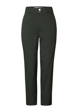 Pantalon léger vert foncé avec une taille haute, une fermeture à bouton et de multiples poches. Comprend des coutures visibles et un design de jambe fuselée.