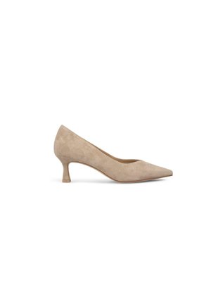 Pantofole beige in suede con punta affilata e tacco sottile di altezza media. Texture liscia con un design semplice e privo di decorazioni.