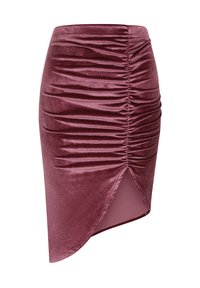 Zavinovací sametová sukňa v bohatej burgundskej farbe, s bočným rozparkom a priliehavým strihom, ktorý zvýrazňuje textúru a pohyb.
