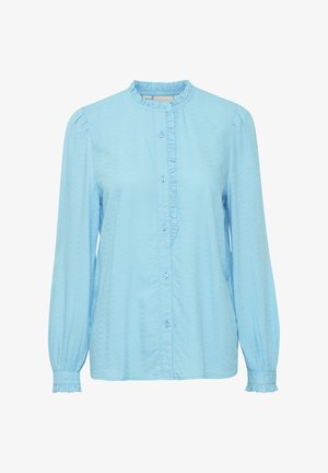 Lichtblauwe blouse met een ronde halslijn, ruches, lange mouwen met gathers aan de cuffs en een knoopsluiting aan de voorkant. Gestructureerde stof.