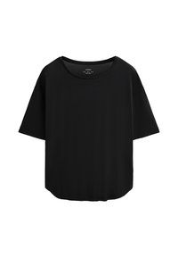 Lyhythihainen musta T-paita, joka on valmistettu pehmeästä ja sileästä kankaasta. Siinä on leveä pyöreä kaula-aukko ja suora, rento istuvuus, jossa on kaareva helma.