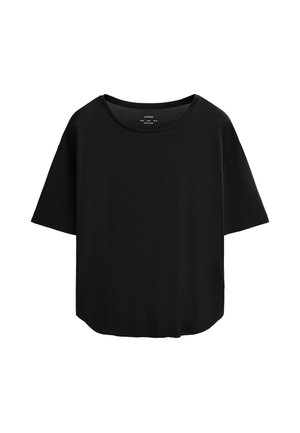 Črna kratkotrajna majica z dolgimi rokavi iz mehkega in gladkega blaga. Ima širok okrogli izrez in ravno, sproščeno prileganje s ukrivljenim robom.