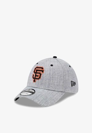 Gray cap made of textured fabric, featuring an orange embroidered "SF" logo on the front and a black accent on the side.