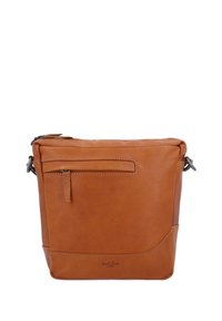 Borsa a tracolla in pelle marrone con chiusura a zip superiore, tasca frontale con zip, dettagli cuciti e tracolla regolabile. Texture liscia e design minimale.