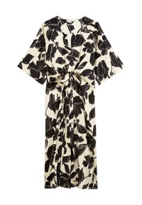 Floral wrap dress featuring black leaves on a cream background, short sleeves, and a tied waist detail for adjustable fit.