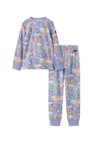Pyjama set met lange mouwen op een lila achtergrond, met een ontwerp van eenhoorns, regenbogen en wolken. Gemaakt van een zachte stof met een elastische tailleband.
