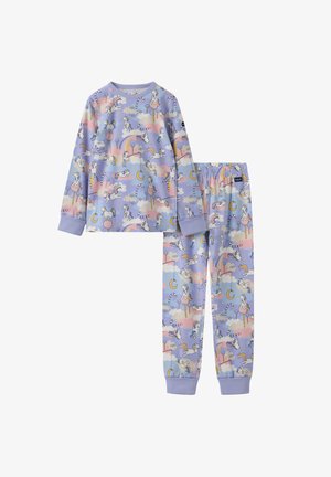 Pyjama set met lange mouwen op een lila achtergrond, met een ontwerp van eenhoorns, regenbogen en wolken. Gemaakt van een zachte stof met een elastische tailleband.