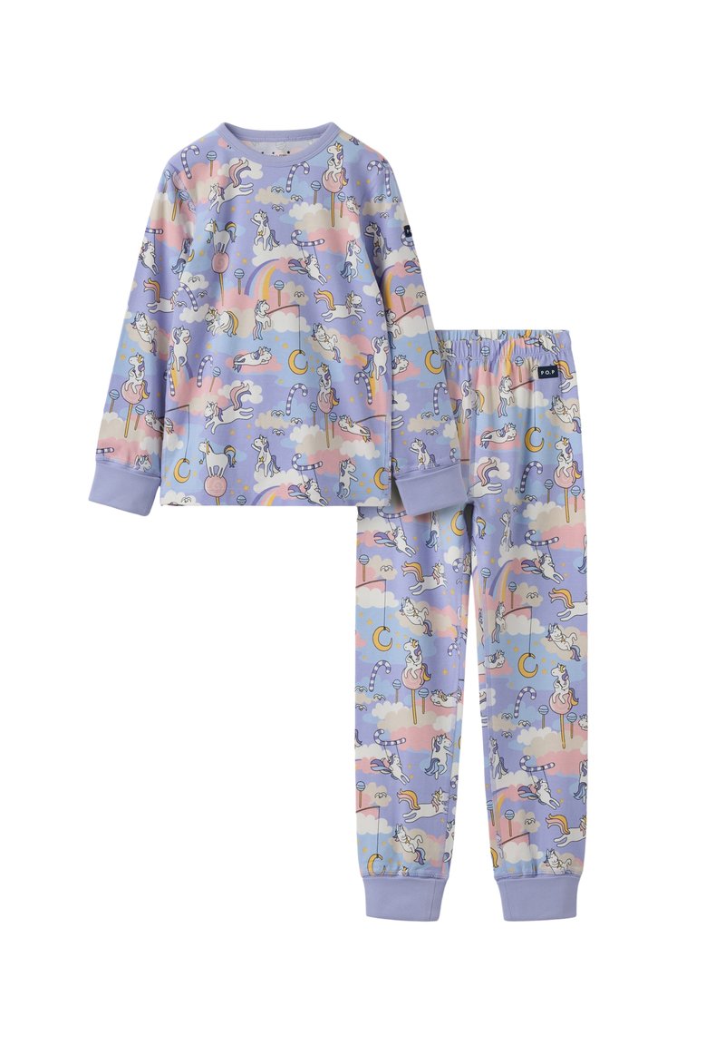 Pyjama set met lange mouwen op een lila achtergrond, met een ontwerp van eenhoorns, regenbogen en wolken. Gemaakt van een zachte stof met een elastische tailleband.