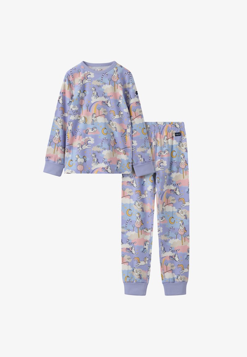 Pyjama set met lange mouwen op een lila achtergrond, met een ontwerp van eenhoorns, regenbogen en wolken. Gemaakt van een zachte stof met een elastische tailleband.