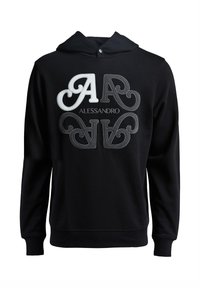 Sudadera negra con un destacado logotipo bordado "AA" y el texto "ALESSANDRO" en colores contrastantes. Material suave, ajuste estándar.
