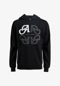 Sudadera negra con un destacado logotipo bordado "AA" y el texto "ALESSANDRO" en colores contrastantes. Material suave, ajuste estándar.