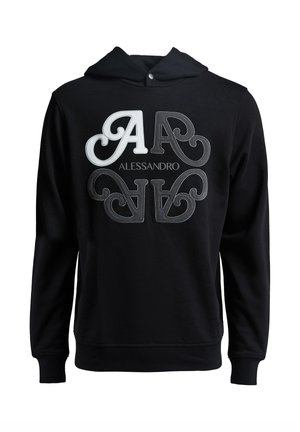 Zwarte hoodie met een opvallend geborduurd "AA"-logo en de tekst "ALESSANDRO" in contrasterende kleuren. Zacht materiaal, standaard pasvorm.