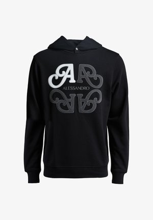 Zwarte hoodie met een opvallend geborduurd "AA"-logo en de tekst "ALESSANDRO" in contrasterende kleuren. Zacht materiaal, standaard pasvorm.