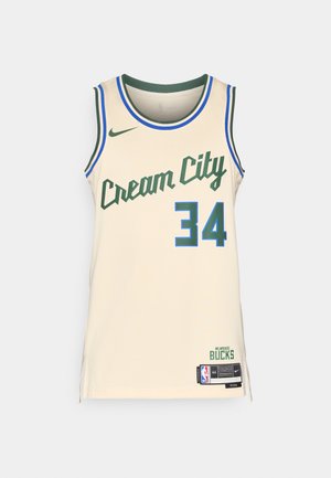 Košarkaška majica Cream City u bež boji s zelenim naglasima i plavim rubovima. Sadrži natpis "Cream City" i broj "34." Prikazan Nike logo.
